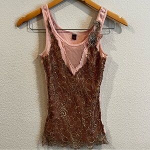 Vintage Y2K pink and gold lace floral slightly cropped going out shirt xsmall